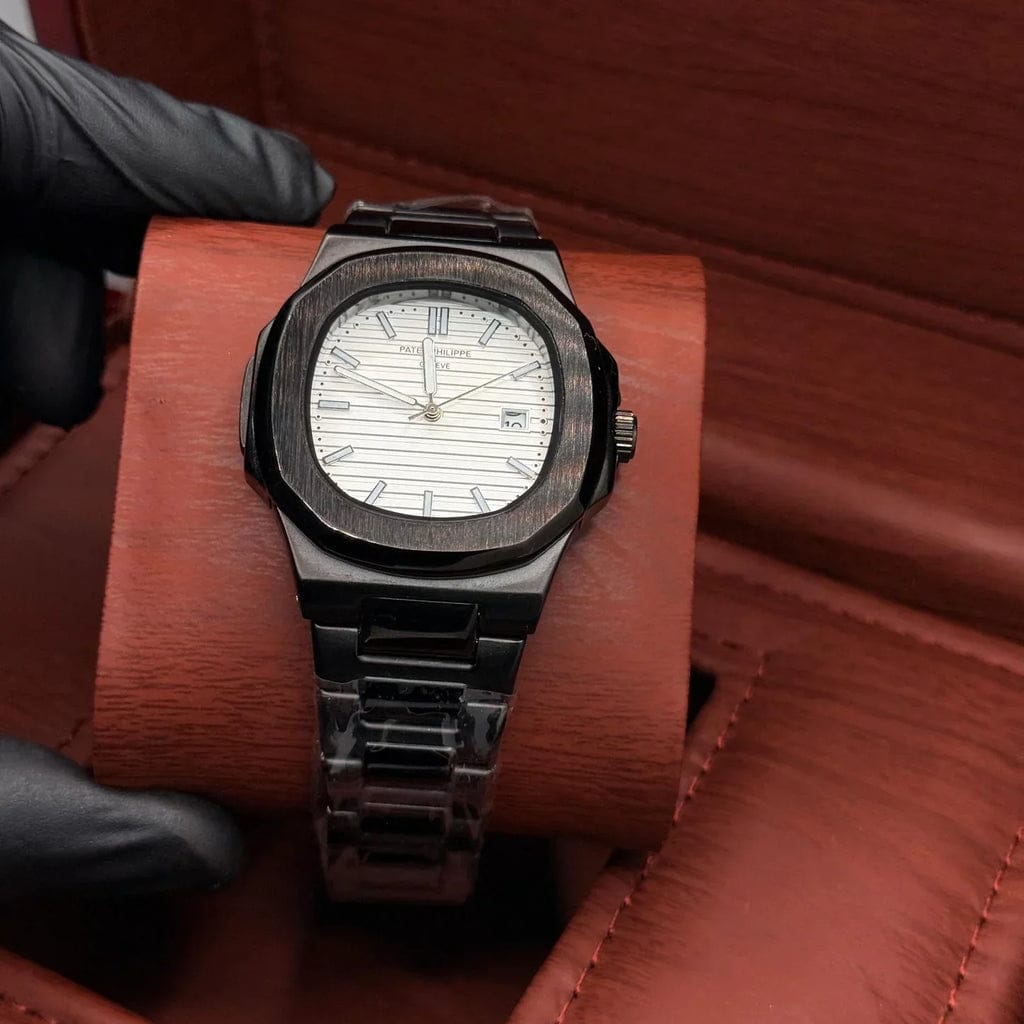 PATEK Classic Skeleton – Silver Bezel with Full Black Chain