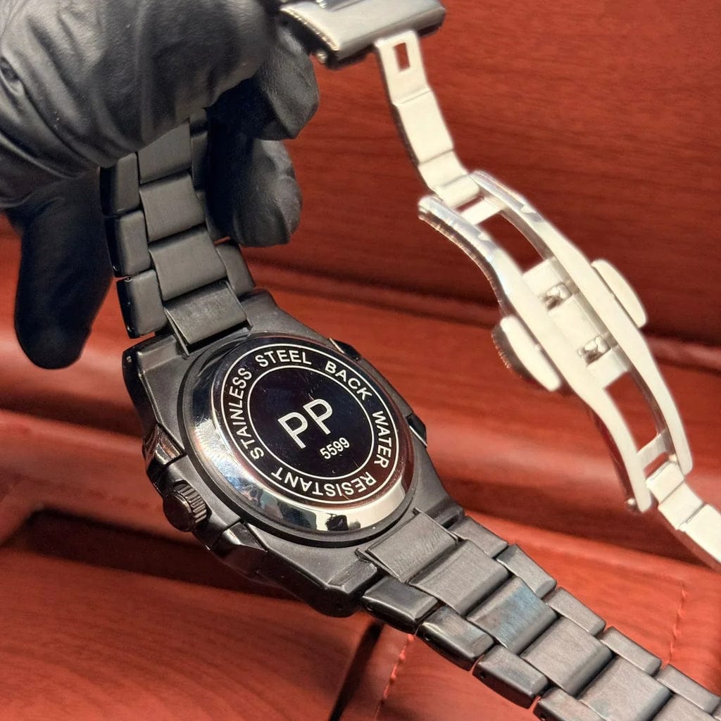 PATEK Classic Skeleton – Silver Bezel with Full Black Chain